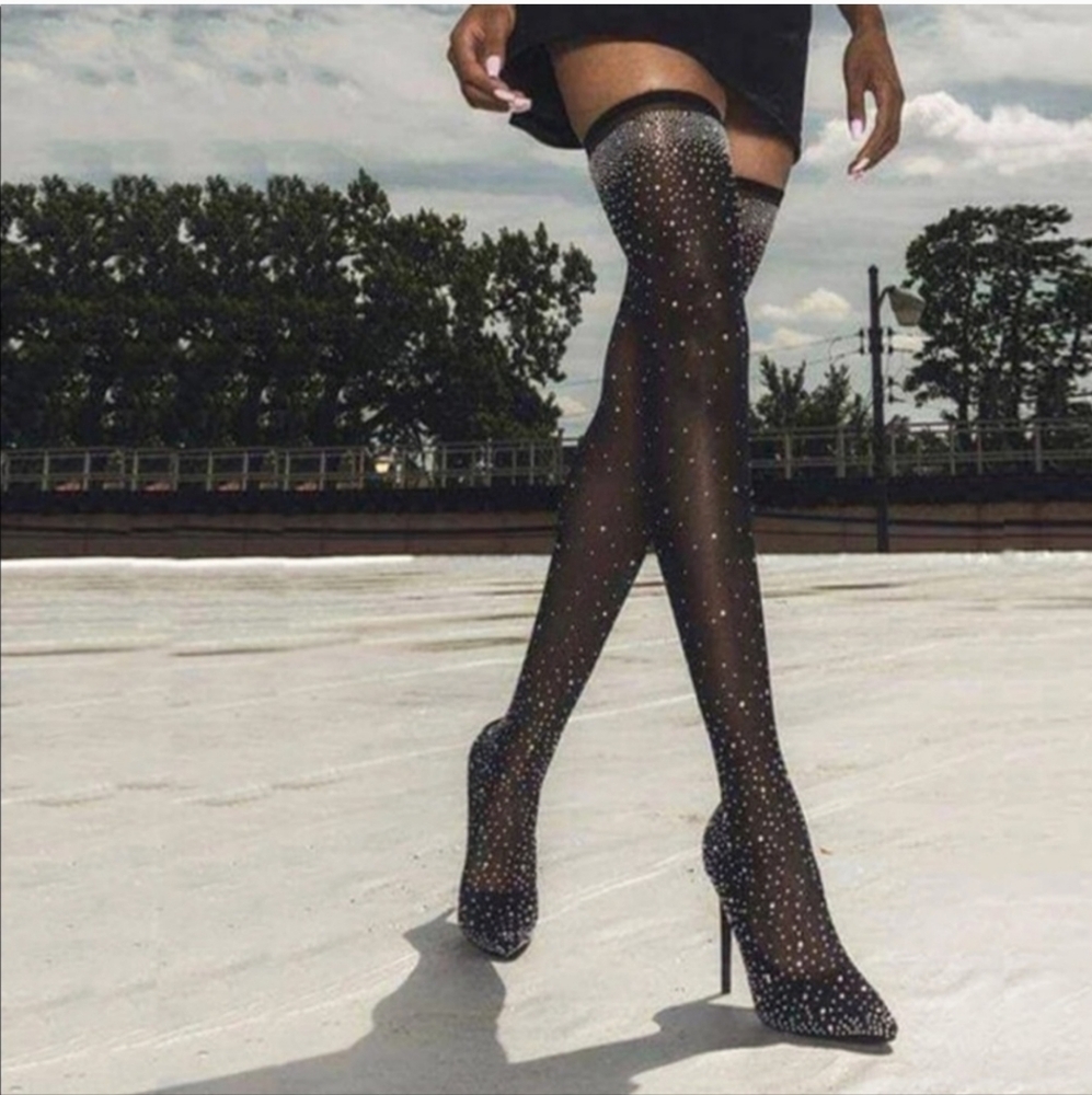 Thigh high rhinestone boots